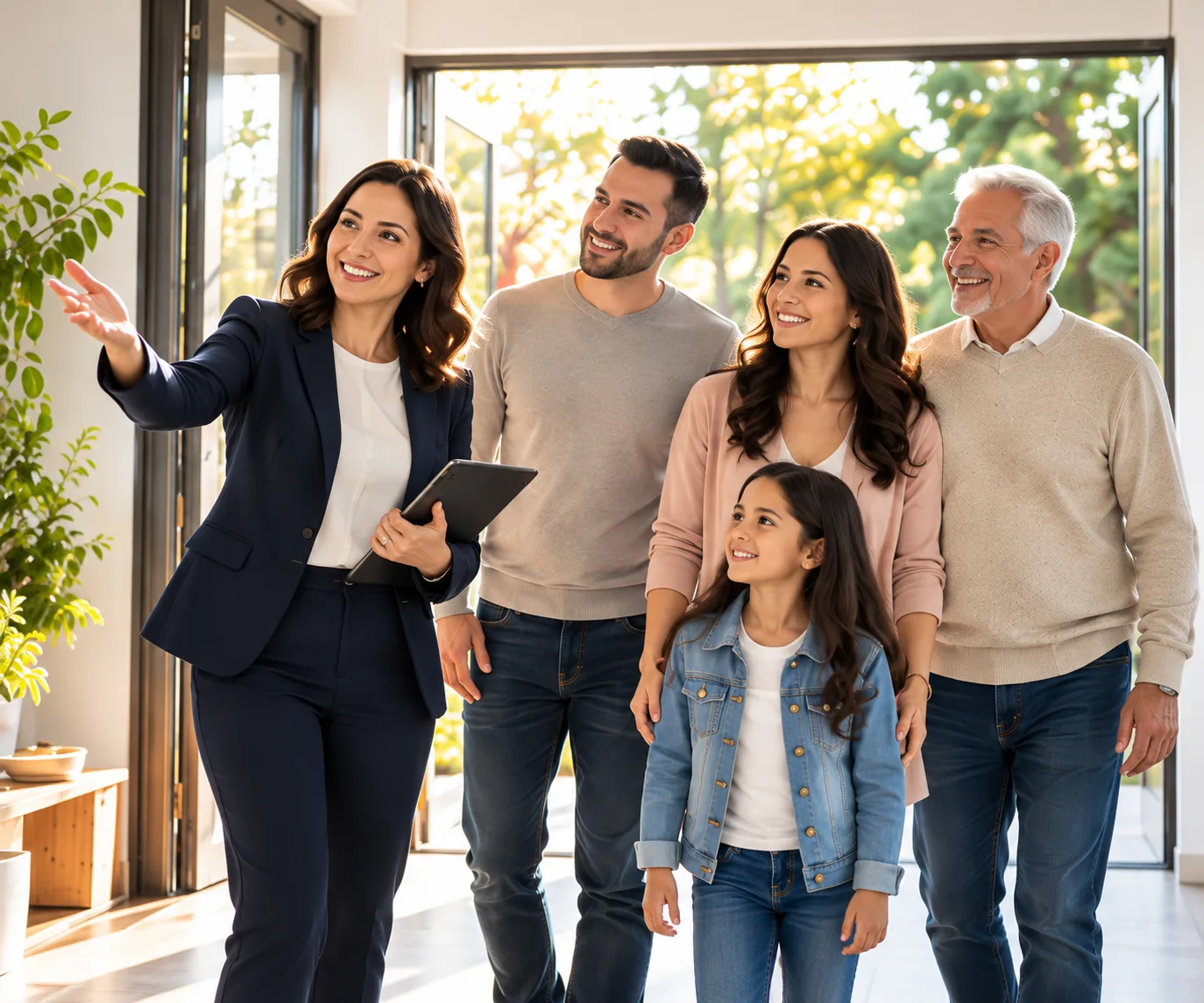Illustration of a family touring a home with a real estate professional